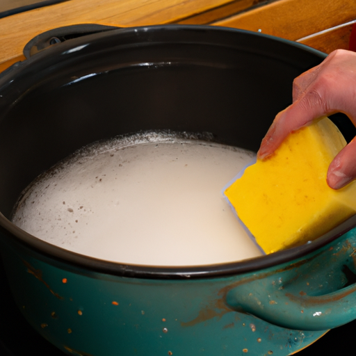 A person cleaning a dutch oven with a sponge and dish soap.