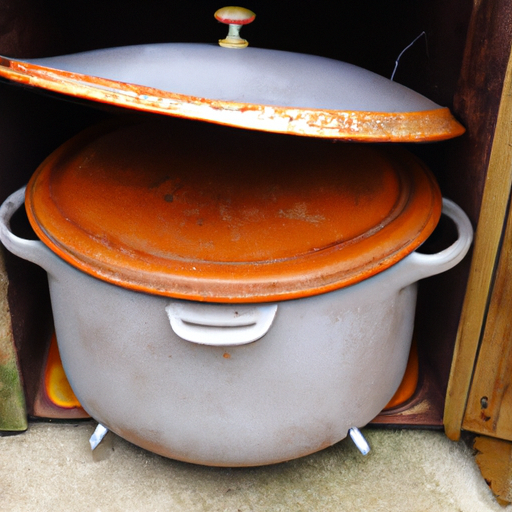 A dutch oven stored in a cool, dry place with the lid slightly ajar.